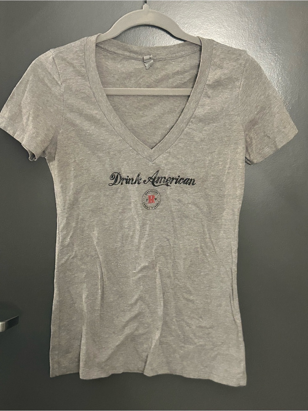 Next Level Apparel Gray V-Neck Tee with 'Drink American' Graphic